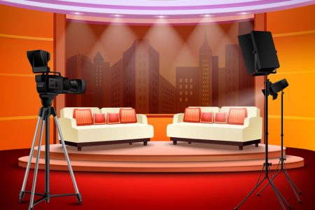 54759015 - talk show studio interior with comfortable sofas on pedestal filming equipment urban view in background vector illustration